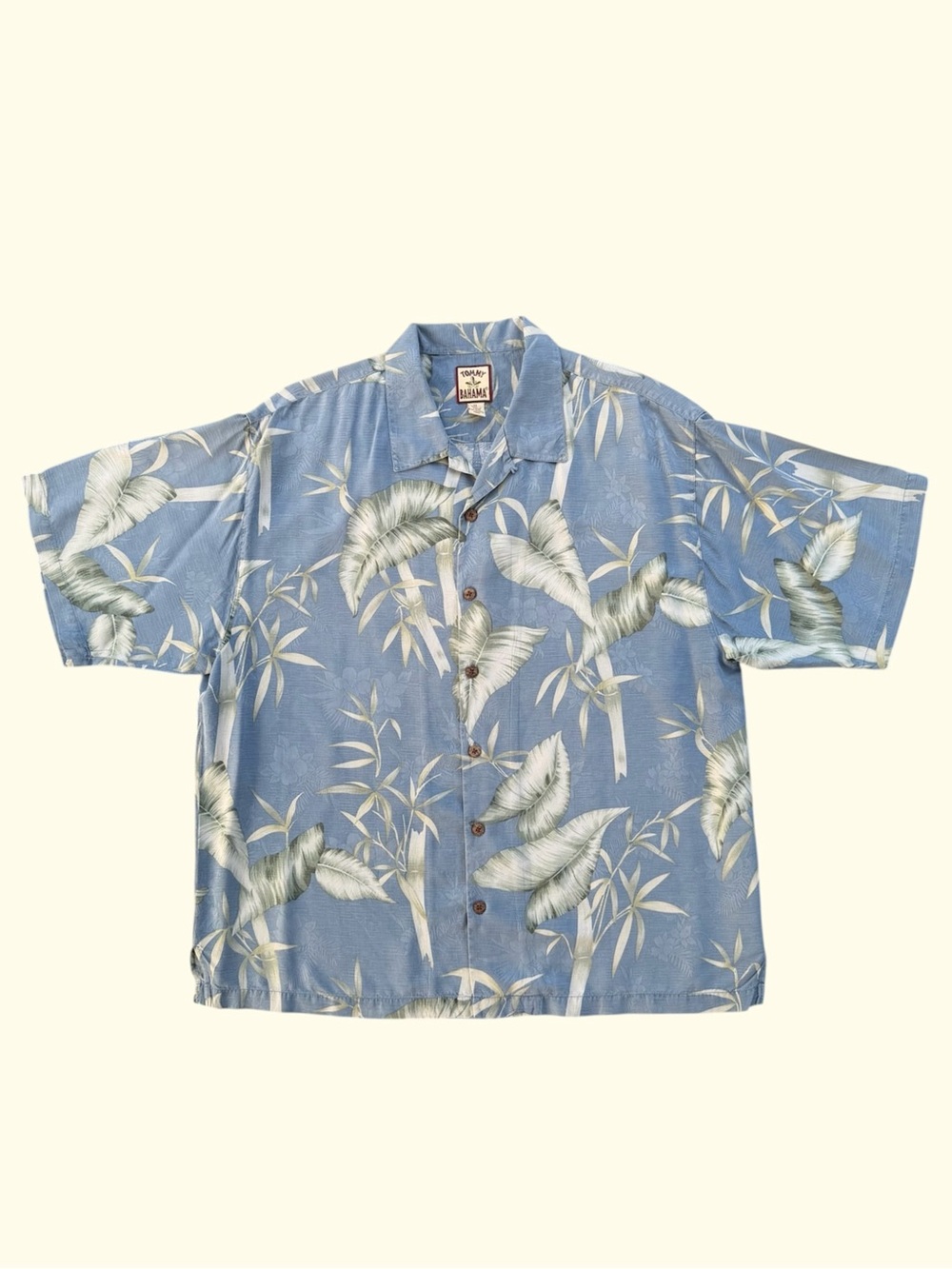 Tommy Bahama Silk Light Blue & Green Bamboo Tropical Print Hawaiian Shirt, XL